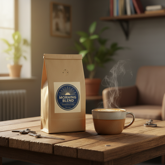 Grind & Glow Morning Blend ground coffee bag with steaming mug on rustic wooden table